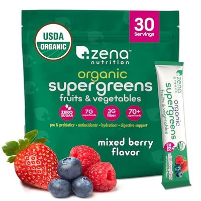 Zena Nutrition Organic Super Greens Powder, 70 Superfoods, 0 Sugar, 3G Fiber, Spirulina, Chlorella, Antioxidants, PrebioticsProbiotics, Digestive Enzymes, Mixed Berry, 30 Drink Mix Packets