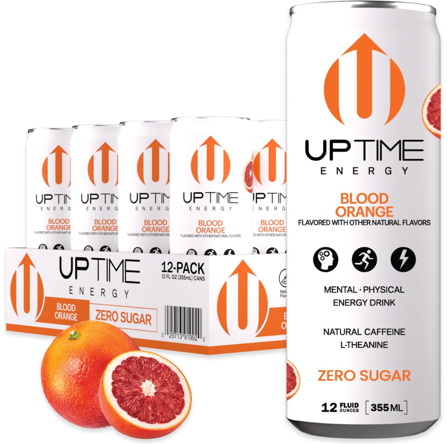 UPTIME Energy Drink, Blood Orange Sparkling, 12 Pack, Vitamin C, L Theanine, Calcium, Sugar Free Energy Drinks for Focus Support, 142mg of Natural Caffeine, 0 Calories, Clean, Natural, 12 fl oz Cans