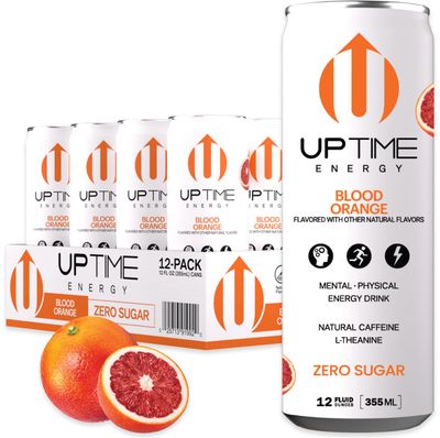 UPTIME Energy Drink, Blood Orange Sparkling, 12 Pack, Vitamin C, L Theanine, Calcium, Sugar Free Energy Drinks for Focus Support, 142mg of Natural Caffeine, 0 Calories, Clean, Natural, 12 fl oz Cans