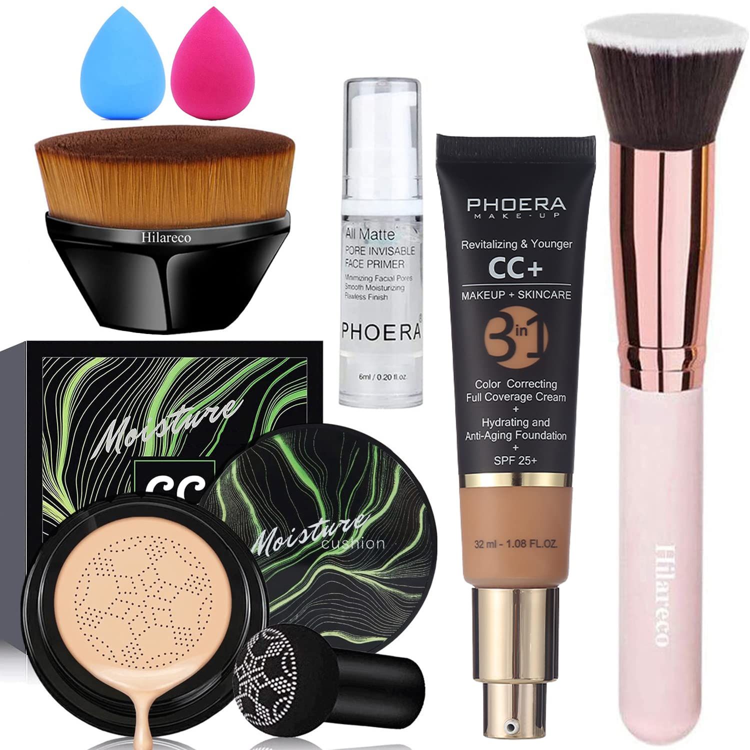 Air Cushion CC Cream Natural Foundation,PHOERA CC Cream Color Correcting Anti Aging Hydrating Serum SPF 25,PHOERA Primer, Kabuki Brush Foundation Makeup Sponge(04Buff Beige CC140 Buff Beige)