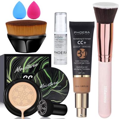 Air Cushion CC Cream Natural Foundation,PHOERA CC Cream Color Correcting Anti Aging Hydrating Serum SPF 25,PHOERA Primer, Kabuki Brush Foundation Makeup Sponge(04Buff Beige CC140 Buff Beige)