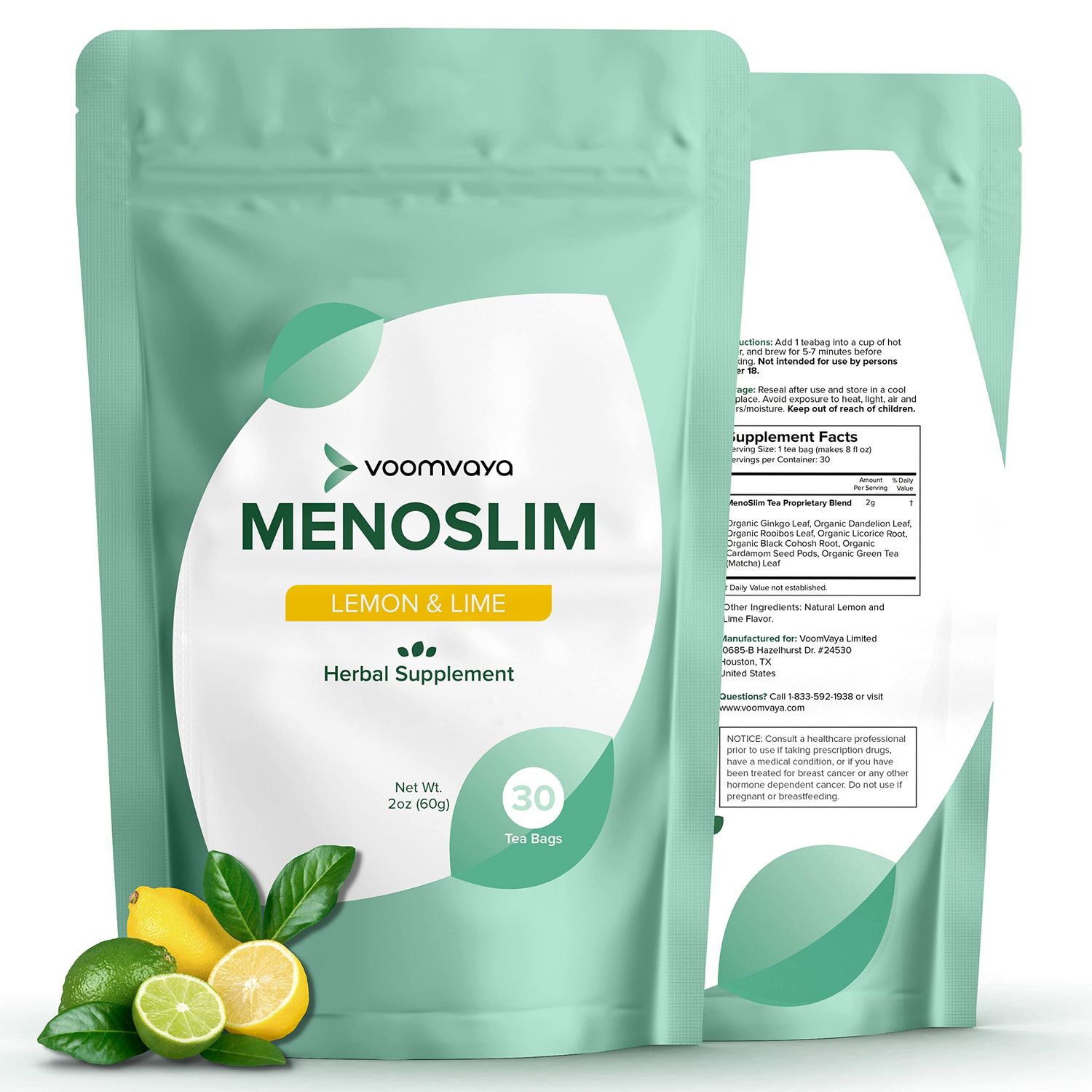 VoomVaya MenoSlim Tea - Hormone Balance Tea, Perimenopause Estrogen Supplement for Women - for Bloating, Hot Flashes, Night Sweats Meno-Belly - Lemon Lime Flavor - 30 Teabags