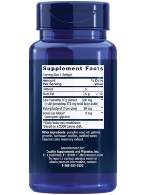 Life Extension PalmettoGuard Saw Palmetto Beta-Sitosterol - Supports Healthy Prostate Function Hormone Metabolism Health - Supplements for Men - Gluten-Free, Non-GMO - 30 softgels