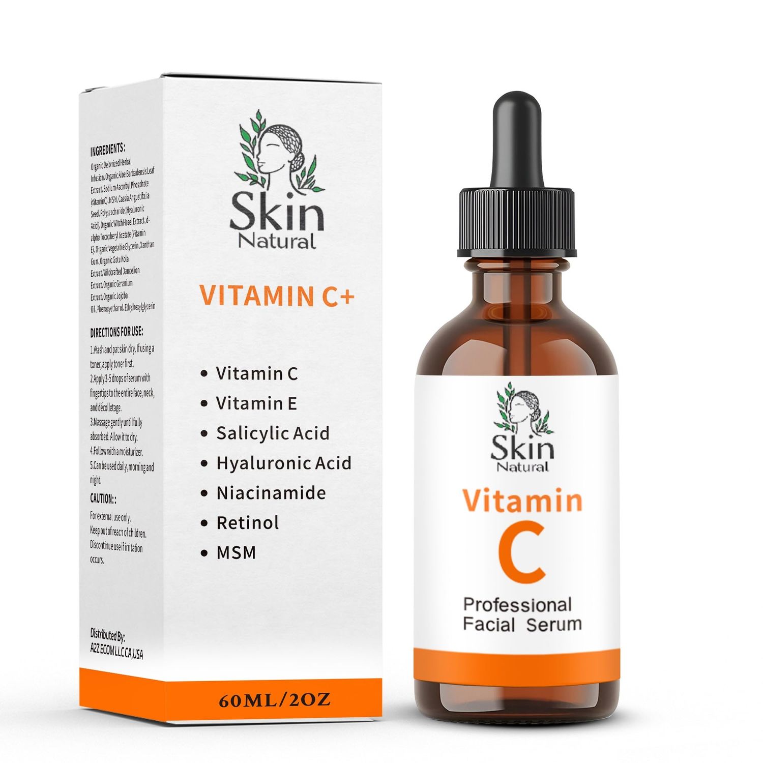 Skin Natural&#39;s Vitamin C Facial Serum - Anti-Aging, Brightening Hydrating - Hyaluronic Acid, Retinol Vit E - Fades Dark Spots - for All Skin Types, 2 fl Oz