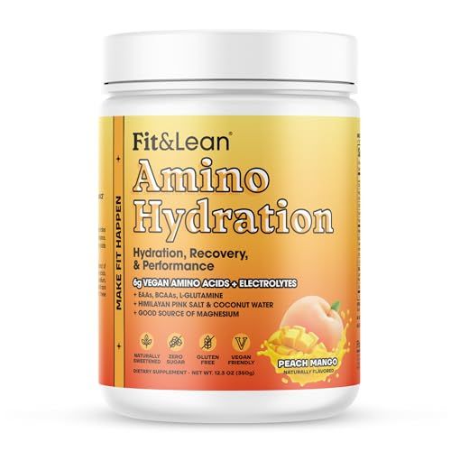 FitLean Amino Hydration, Naturally Sweetened Workout Recovery Drink, 6g Vegan Amino Acids, Essential Amino Acids, EAA, BCAA, Glutamine, Electrolytes, Peach Mango, 30 Servings