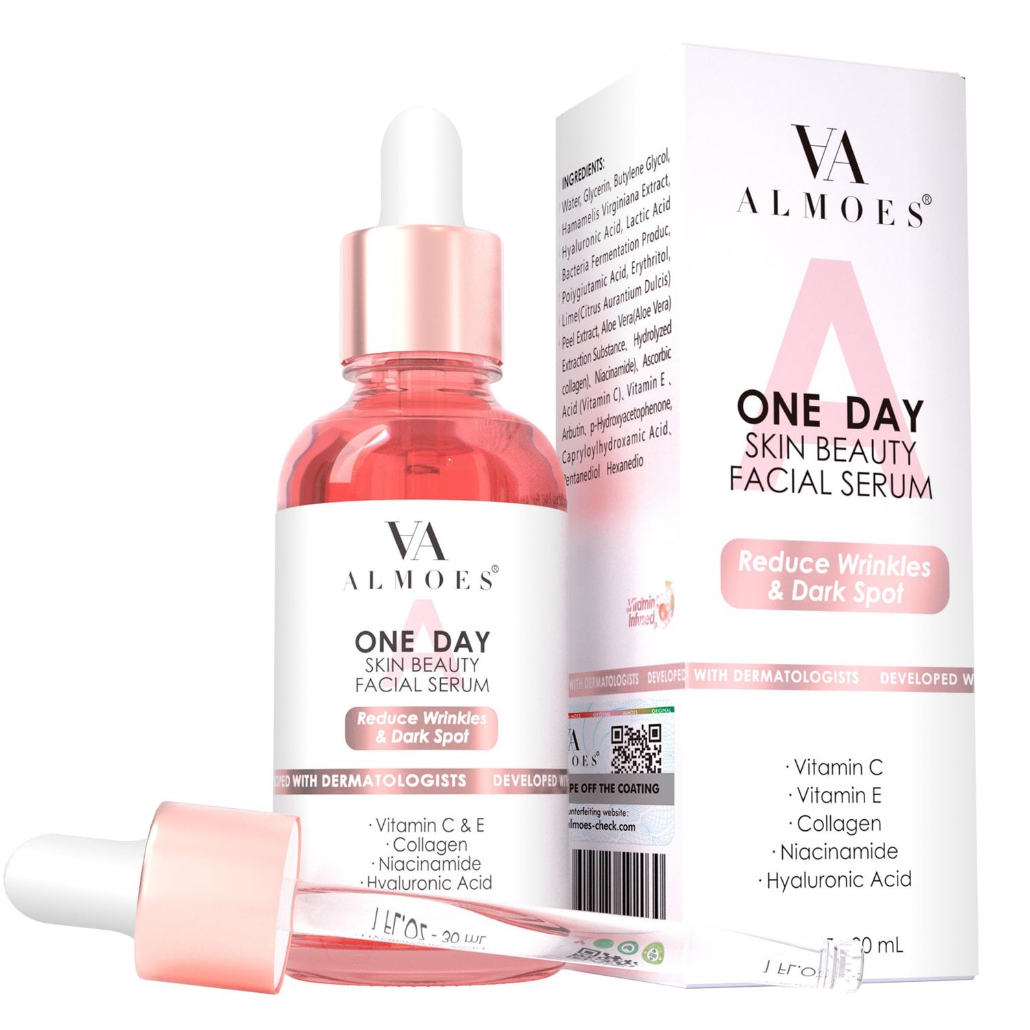 ALMOES SERUM 20 Vitamin C,Alpha Arbutin, Polyglutamic acid,hyaluronic acid, Vit E,Collagen,Pore-minimizing formula, Hydrating Face Eye Serum 1 Fl Oz