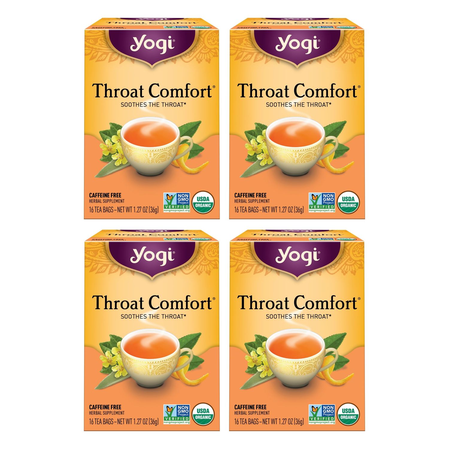 Yogi Tea Throat Comfort - 16 Bags per Pack (4 Packs) - Herbal Tea for Throats - Organic Throat Soothing - Includes Licorice Root, Wild Cherry Bark, Slippery Elm Bark More