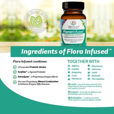Life Infused - Flora Infused Probiotics with Prebiotics - 50 Billion CFU, 13 strains, a Proprietary Enzyme Blend to Promote Digestive Health and Enhance Immune Function. Vegan - 60 Capsules