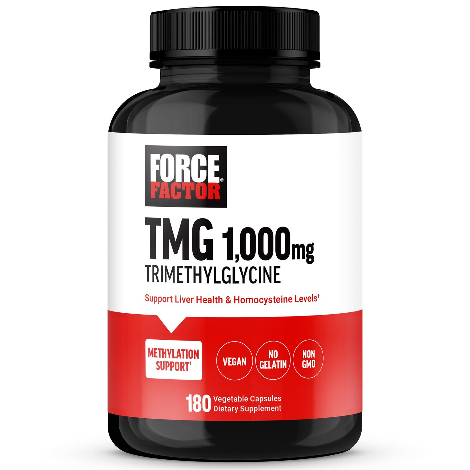 FORCE FACTOR TMG Betaine Supplement to Support Liver Health, Healthy Homocysteine Levels, and Methylation Support, Non-GMO, Vegan-Friendly, Premium Quality, 180 Capsules
