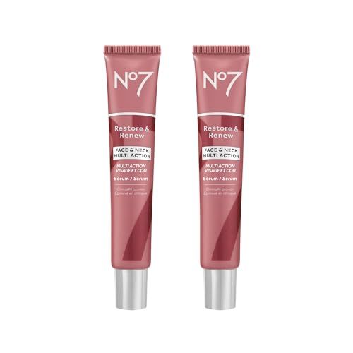 No7 Restore Renew Face Neck Multi-Action Serum - Collagen Peptide Anti-Aging Facial Treatment - Hyaluronic Acid Hydrating Pro Retinol Skin Firming Hibiscus Peptides (2 Pack, 1.69 Fl Oz Each)