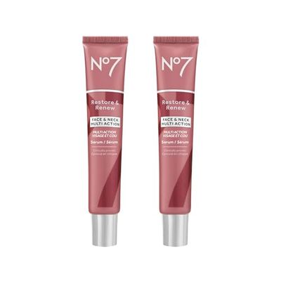 No7 Restore Renew Face Neck Multi-Action Serum - Collagen Peptide Anti-Aging Facial Treatment - Hyaluronic Acid Hydrating Pro Retinol Skin Firming Hibiscus Peptides (2 Pack, 1.69 Fl Oz Each)