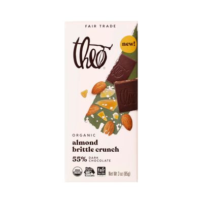 Theo Chocolate Almond Brittle Crunch Organic Dark Chocolate Bar, 55 Cacao, 6 Pack Vegan, Fair Trade