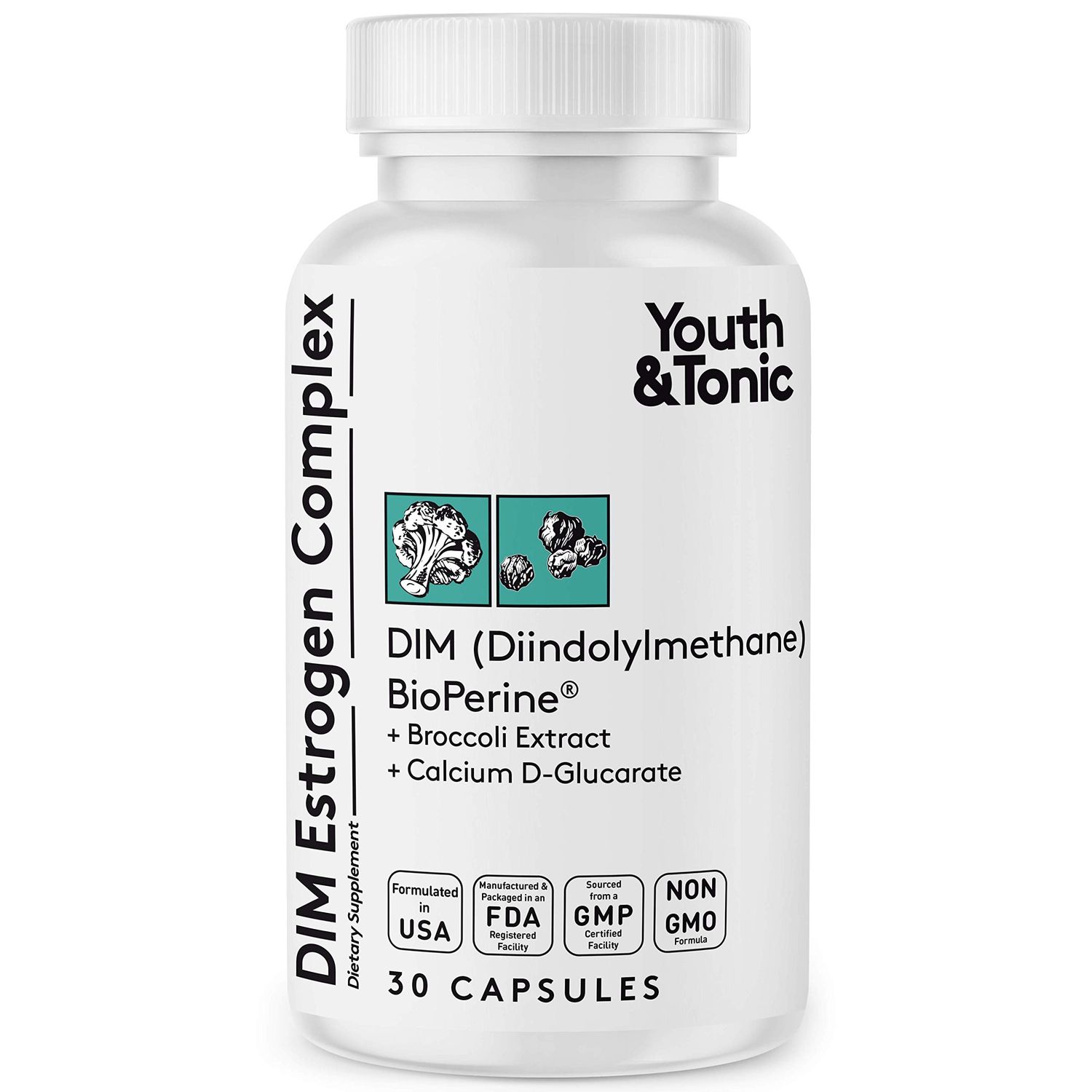 Youth Tonic DIM BioPerine for Estrogen Metabolism Support Women and Men Hormone Balance with Excess Estrogen Blocker Diindolylmethane Supplement - 30 Pills