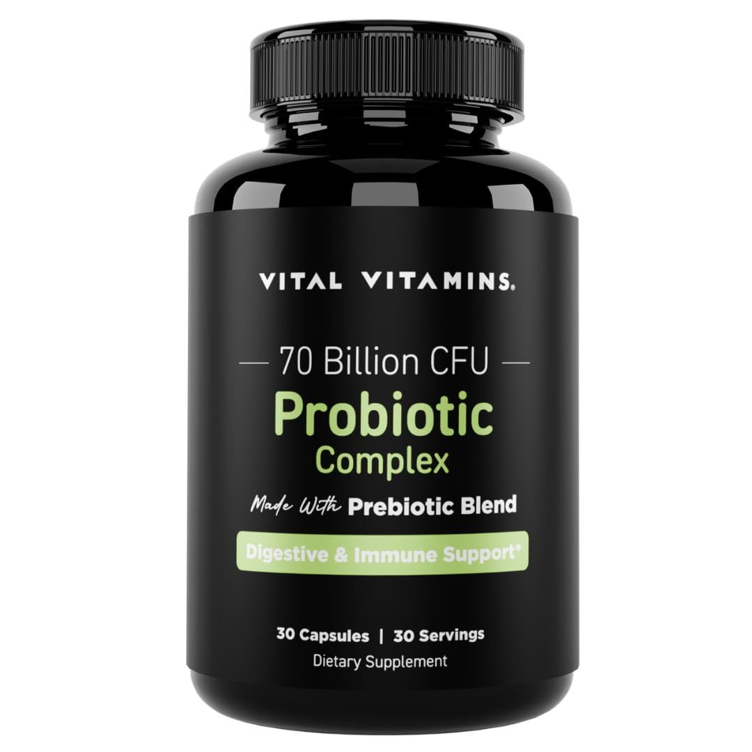 Vital Vitamins Probiotic Complex for Men Women - 70 Billion CFU - Made with Prebiotic Blend - Digestive, Gut Health, Immune Support - Powerful Blend of 10 Strains - 30 Capsules