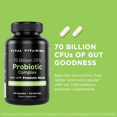 Vital Vitamins Probiotic Complex for Men Women - 70 Billion CFU - Made with Prebiotic Blend - Digestive, Gut Health, Immune Support - Powerful Blend of 10 Strains - 30 Capsules