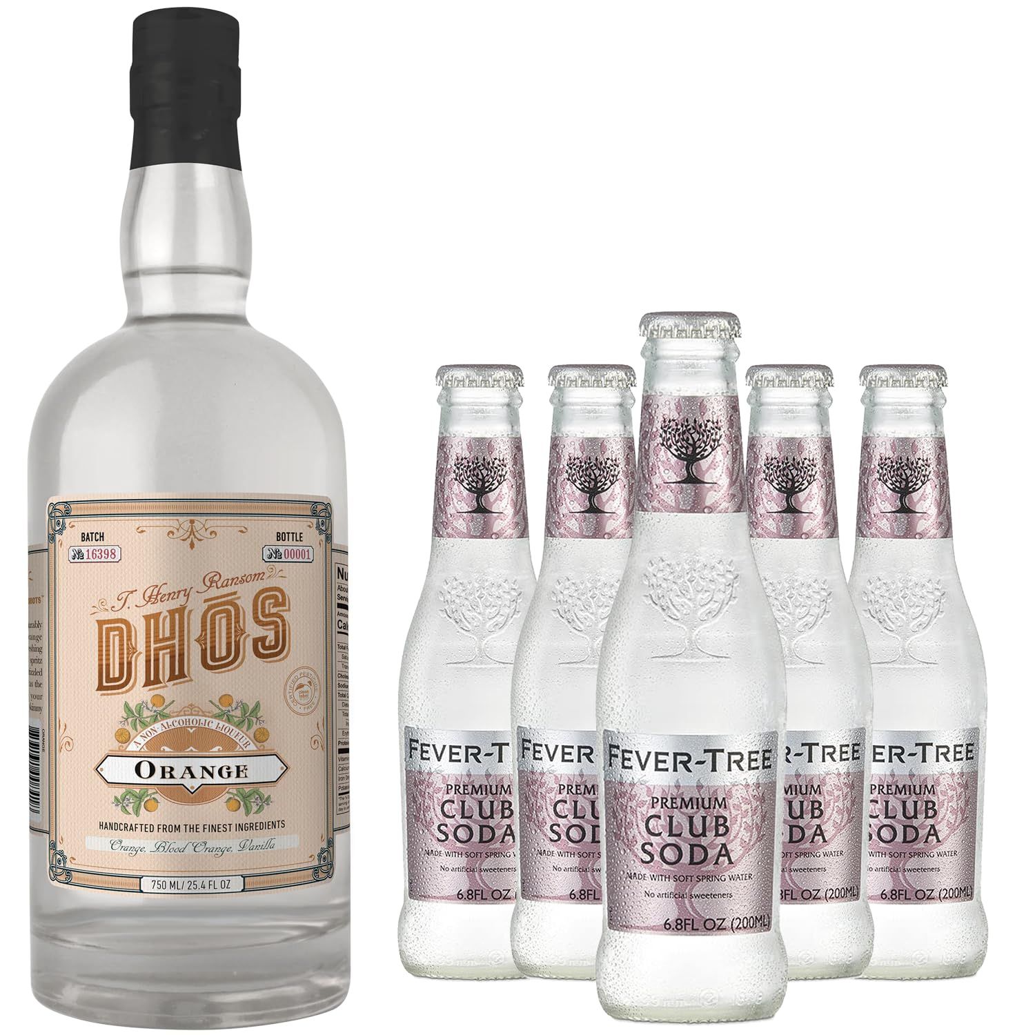 Dhos Handcrafted Non-Alcoholic Orange w 5 Pack Fever Tree Club Soda - Keto-Friendly, Zero Sugar, Zero Calories, Zero Proof - 750 ML - Perfect for Mocktails - Made in USA