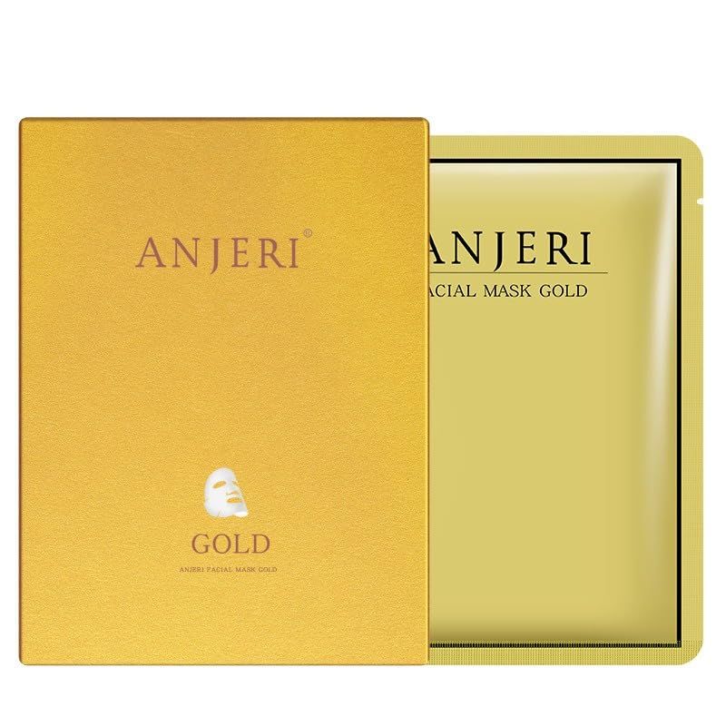 BeautyMall 1 BOX NEW Anjeri Gold Facial Mask Moisturizing Silk Silver Facial Mask, Deep Hydrates Soothes Skin Improve Fine Lines, Nourishing Firming Facial Mask, 35 ml 10 Piece (Golden)