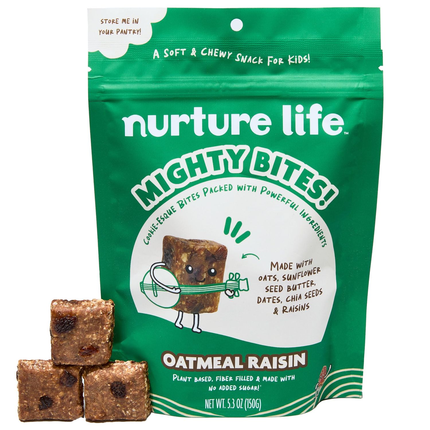 Nurture Life Mighty Bites, Oatmeal Raisin, 1 Pack, Healthy Snacks for Kids Toddlers Made with Oats, Chia Seeds, Dates, Chocolate Chips, Sunflower Seed Butter Plant Based, High Fiber, Low Sugar Snack