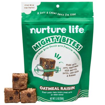Nurture Life Mighty Bites, Oatmeal Raisin, 1 Pack, Healthy Snacks for Kids Toddlers Made with Oats, Chia Seeds, Dates, Chocolate Chips, Sunflower Seed Butter Plant Based, High Fiber, Low Sugar Snack