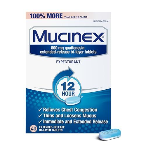 Mucinex 12 Hour Extended Release Tablets, 600 mg Guaifenesin Relieves Chest Congestion Caused by Excess Mucus, 1 Doctor Recommended OTC Expectorant, Blue, 40 Count
