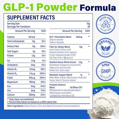 GLP-1, GLP-1 Supplement for Women Men, 15,000mg Natural GLP 1 Powder with Akkermansia Probiotic, High Fiber for Digestive Gut, Metabolism, Energy, GLP1 Support, 10x Upgrade GLP-1 Levels, 0 Sugar