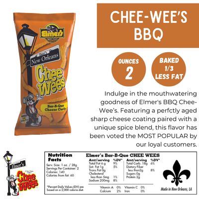Elmer's New Orleans Chee-wee's, Authentic NOLA BBQ Flavor, Irresistible Crunchy Snack Delight 2 oz Bags, Pack of 3