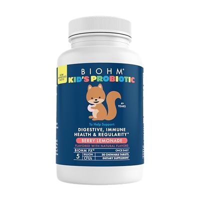 BIOHM Kids Probiotic, 5 Billion CFU (30 Chewable Tablets) Delicious Berry Lemonade, Daily Probiotics for Digestive Health, Stool Regularity Immune Support, Vegan, Gluten-Free, Non-GMO, Ages 4