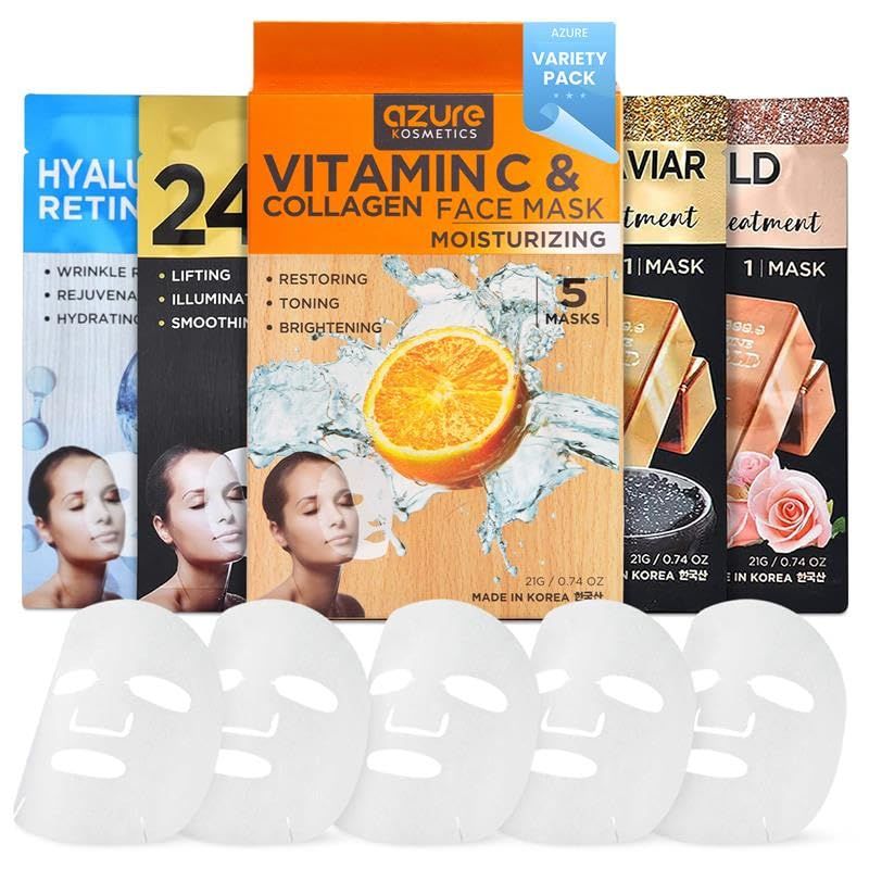 AZURE 24K Gold, Caviar, Vitamin C, Hyaluronic Acid, Retinol Collagen Anti-Aging Facial Mask Ultimate Variety Pack (20 Masks) - Dermatologist Tested, Hydrating, Firming - Korean Skin Care Collection