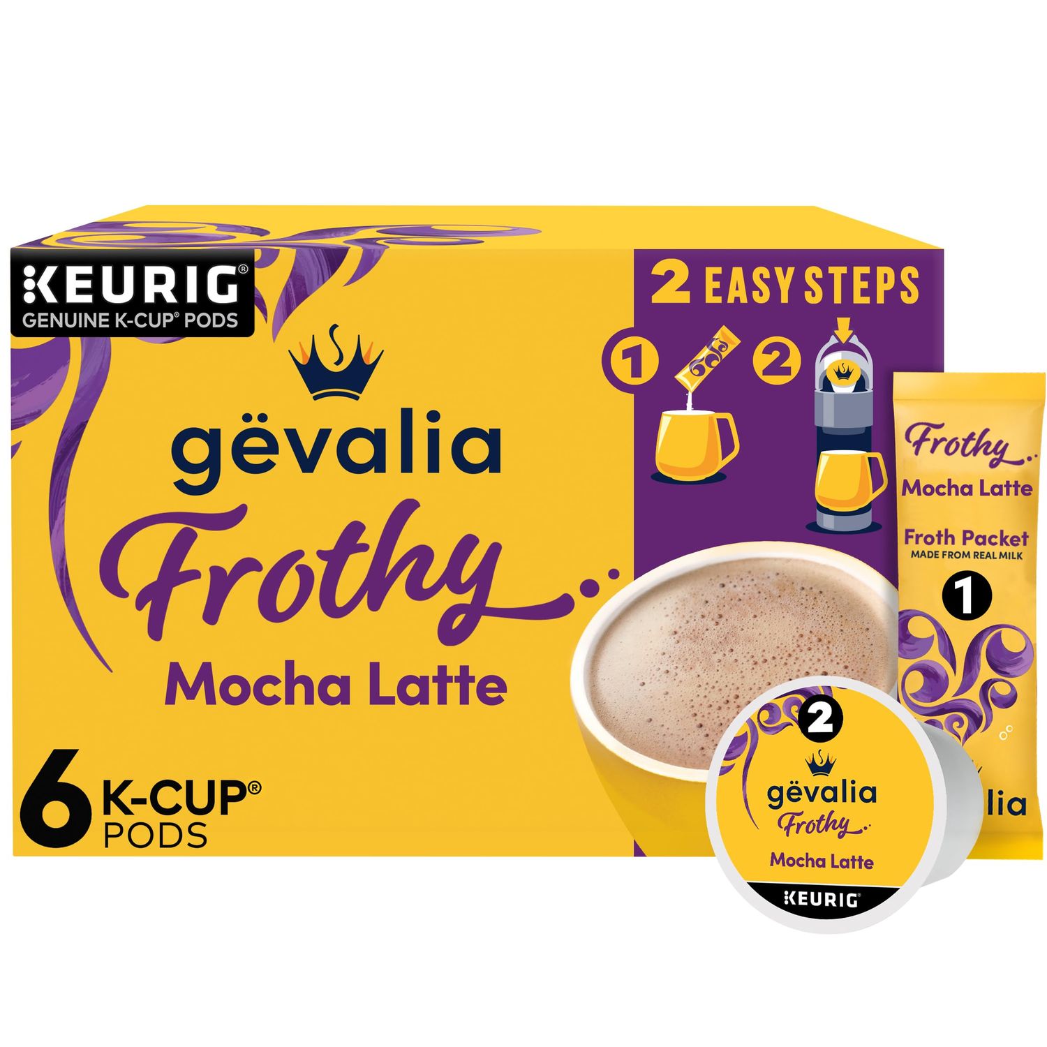 Gevalia Frothy 2-Step Artificially Flavored Mocha Latte Espresso Style K-Cup Coffee Pods Froth Packets Kit, 6 ct Box
