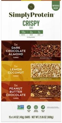 SimplyProtein Crispy Bars, 15 Bars, 21.16 oz, Variety Pack: 5 x Dark Chocolate Almond, 5 x Lemon Coconut, 5 x Peanut Butter Chocolate