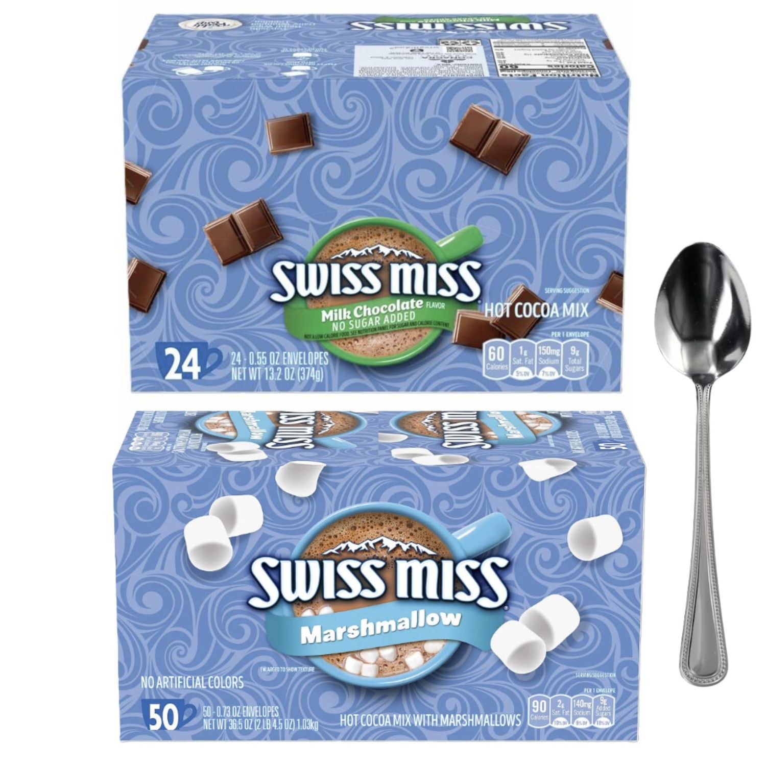 Swis Hot Cocoa Mix Bundle: 50 Count Marshmallow 24 Sugar-Free Packets bundle with Vallary Spoon Perfect for Cozy Moments (Pack of 2) Hot Chocolate, Hot Cocoa