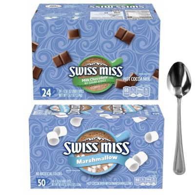 Swis Hot Cocoa Mix Bundle: 50 Count Marshmallow 24 Sugar-Free Packets bundle with Vallary Spoon Perfect for Cozy Moments (Pack of 2) Hot Chocolate, Hot Cocoa