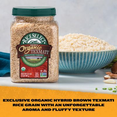 RiceSelect Organic Texmati Brown Basmati Rice, Premium Non-GMO Gluten-Free Long-Grain Brown Rice, 32-Ounce Jar