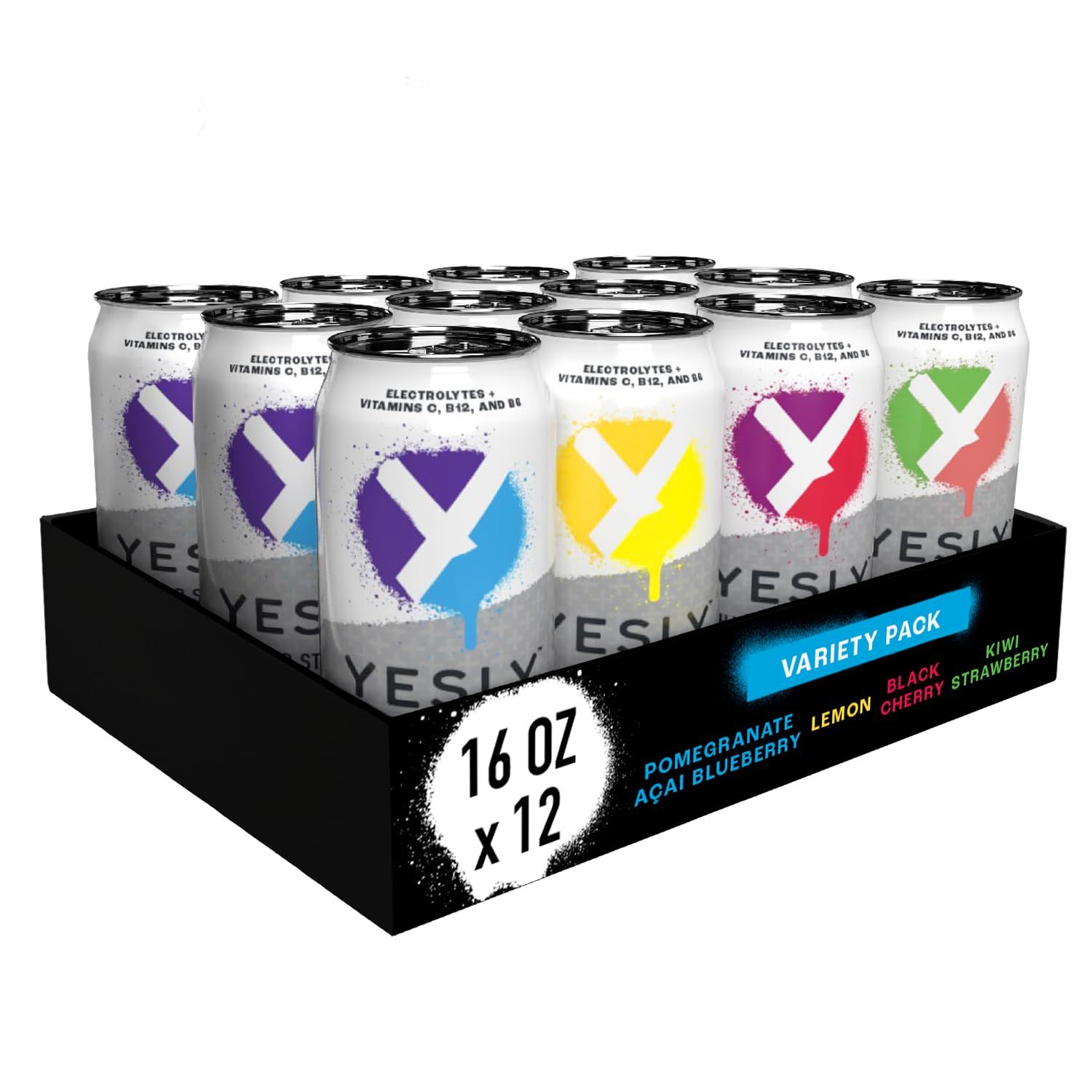 Yesly Functional Water, Variety Pack, Naturally Flavored Still Water with Electrolytes, Magnesium, Potassium, Vitamin C, B6 B12, Zero Sugar, No Artificial Sweeteners, 16 Fl Oz Cans, 12 Pack