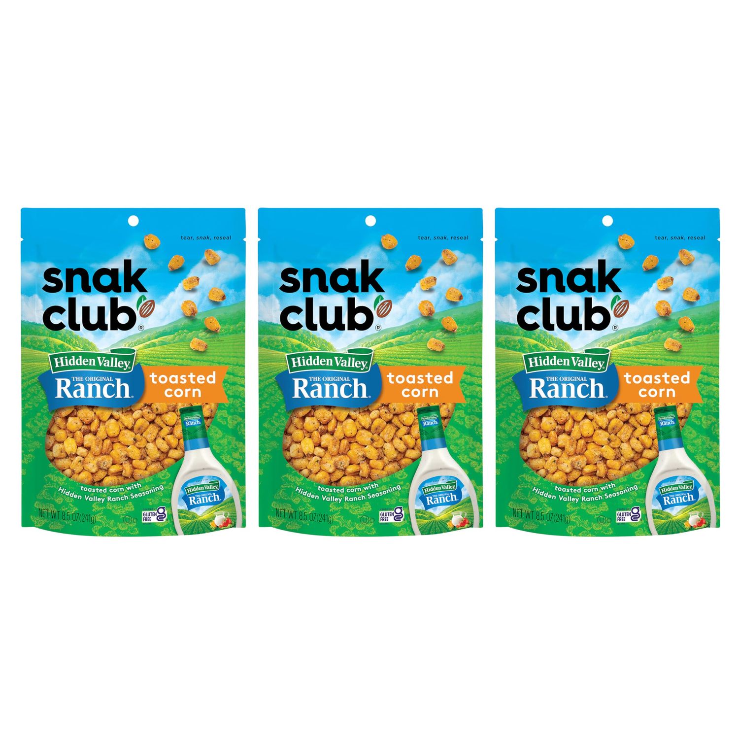 Snak Club Toasted Corn with Hidden Valley Ranch Seasoning, Roasted and Salted Corn Nuggets, Gluten-Free and Kosher Snack, 8.5 oz Resealable Bags, 3 Pack