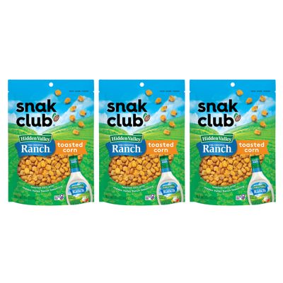 Snak Club Toasted Corn with Hidden Valley Ranch Seasoning, Roasted and Salted Corn Nuggets, Gluten-Free and Kosher Snack, 8.5 oz Resealable Bags, 3 Pack