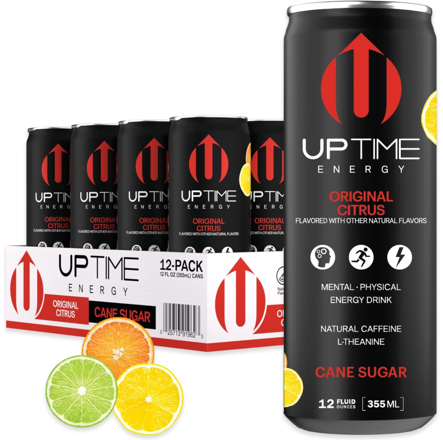 UPTIME Energy Drink, Original Citrus Cane Sugar, 12 Pack, Vitamin C, L Theanine, Calcium, Energy Drinks for Focus Support, 142mg of Natural Caffeine per Serving, Clean, Natural, Non GMO, 12 fl oz Cans