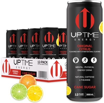 UPTIME Energy Drink, Original Citrus Cane Sugar, 12 Pack, Vitamin C, L Theanine, Calcium, Energy Drinks for Focus Support, 142mg of Natural Caffeine per Serving, Clean, Natural, Non GMO, 12 fl oz Cans