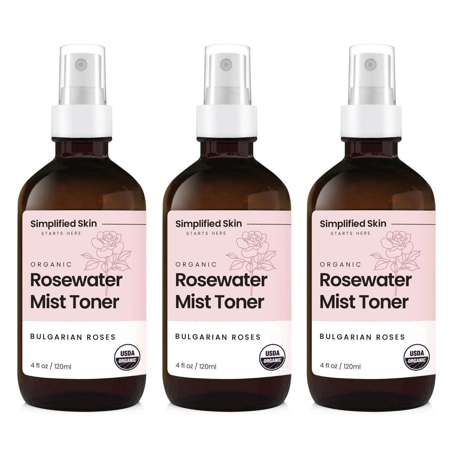 Rose Water Spray for Face Hair - 100 Natural Organic Face Toner - Alcohol-Free Makeup Remover - Anti-Aging Self Care Beauty Mist - Face Care - Hydrating Rosewater by Simplified Skin (4 oz) - 3 Pack