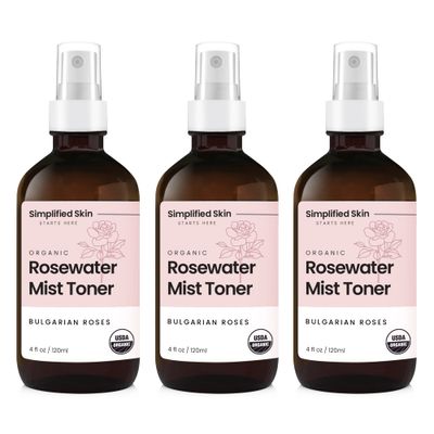 Rose Water Spray for Face Hair - 100 Natural Organic Face Toner - Alcohol-Free Makeup Remover - Anti-Aging Self Care Beauty Mist - Face Care - Hydrating Rosewater by Simplified Skin (4 oz) - 3 Pack