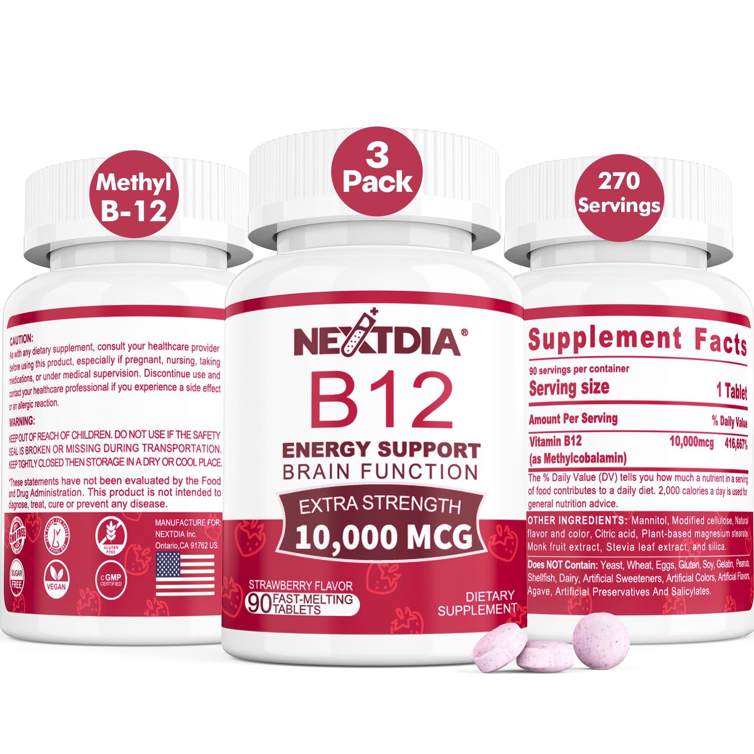 B12 Vitamins 10,000 mcg, Methylated Vitamin B12 Sublingual - Energy Boost, Focus, Metabolism Brain Health Support, Immune System Support, Fast Dissolve, Natural Strawberry Flavor, 270 Servings