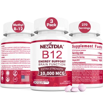 B12 Vitamins 10,000 mcg, Methylated Vitamin B12 Sublingual - Energy Boost, Focus, Metabolism Brain Health Support, Immune System Support, Fast Dissolve, Natural Strawberry Flavor, 270 Servings