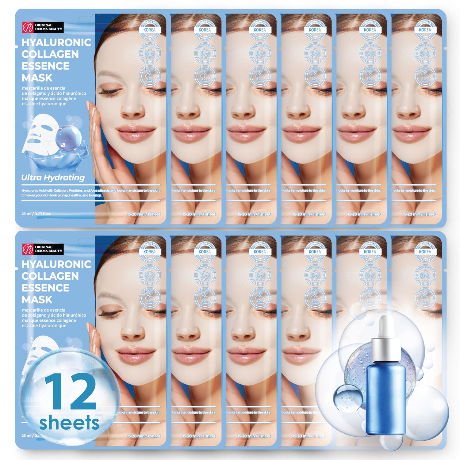 Innerest Original Derma Beauty Collagen Face Masks Skincare 12 PK Ultra Hydrating Hyaluronic Face Masks Skincare Sheet Masks Set for Beauty Personal Care Korean Face Mask