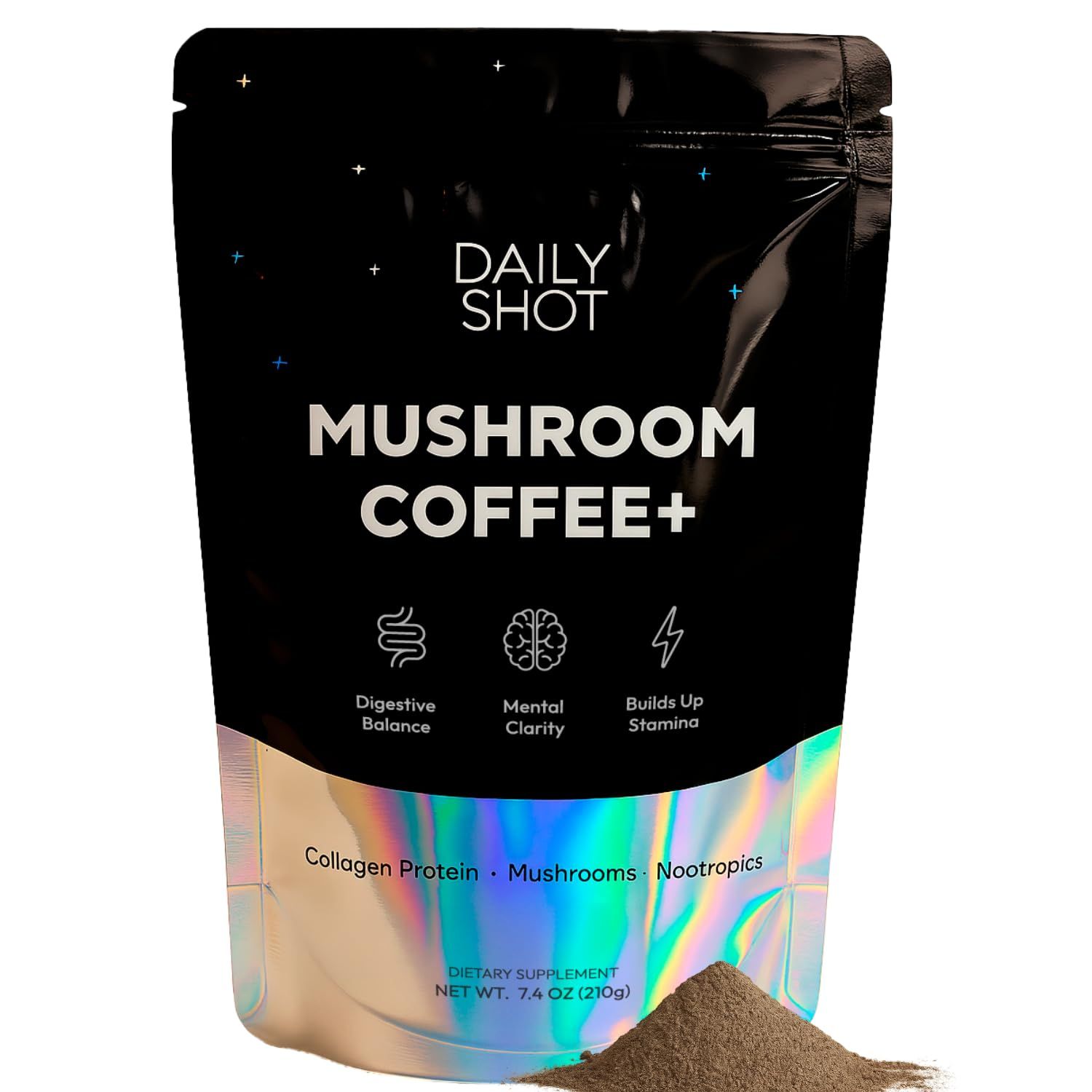 Daily Shot Mushroom Coffee with Collagen - Adaptogenic Instant Coffee for Energy, Focus, Mental Clarity - Enhanced with Lion s Mane, Chaga, L-Theanine (30 Servings)