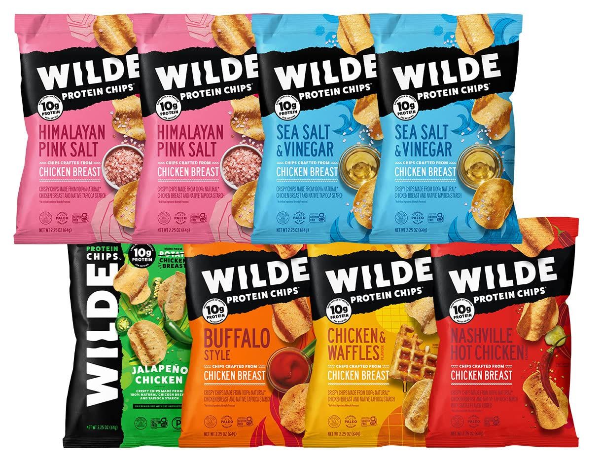 Chicken Chip Variety Pack by Wilde Chips, Pink Salt, Sea Salt and Vinegar, Nashville Hot, Chicken and Waffles, Buffalo, and Jalapeno, 2.25oz Bag (8 Pack)