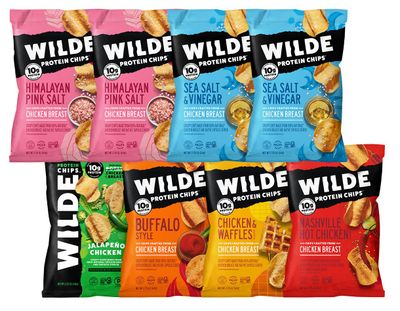 Chicken Chip Variety Pack by Wilde Chips, Pink Salt, Sea Salt and Vinegar, Nashville Hot, Chicken and Waffles, Buffalo, and Jalapeno, 2.25oz Bag (8 Pack)