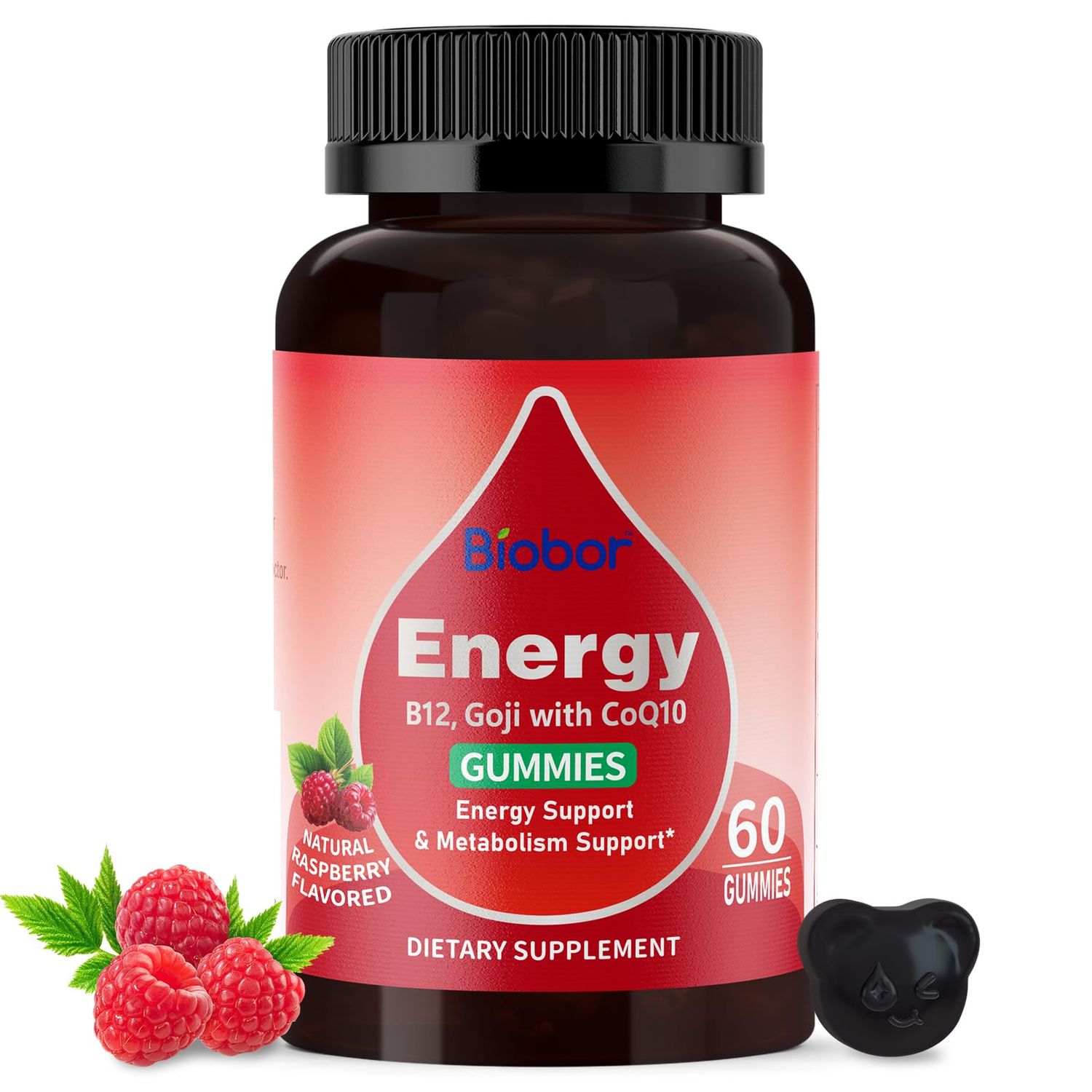 Biobor Natural Energy Gummies with Vitamin B12, Goji, Co Q10, Energy Support Metabolism Support Chewable Supplement,GMO Free, Gluten Free (Raspberry, 60 Count