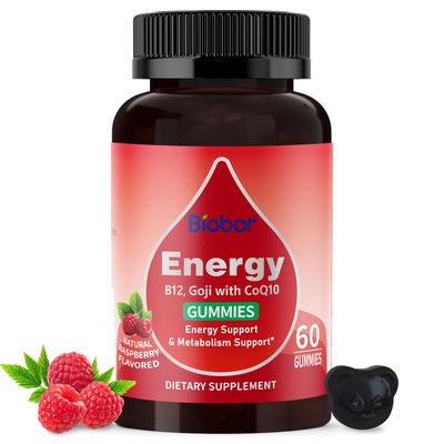 Biobor Natural Energy Gummies with Vitamin B12, Goji, Co Q10, Energy Support Metabolism Support Chewable Supplement,GMO Free, Gluten Free (Raspberry, 60 Count