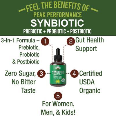 Organic Synbiotic Prebiotics Probiotics Postbiotics 3-in-1 Supplement for Women, Men, Kids. Pre, Pro, Post Biotics Liquid Drops for Gut Microbiome Balance. Made in USA, Vegan, Zero Sugar