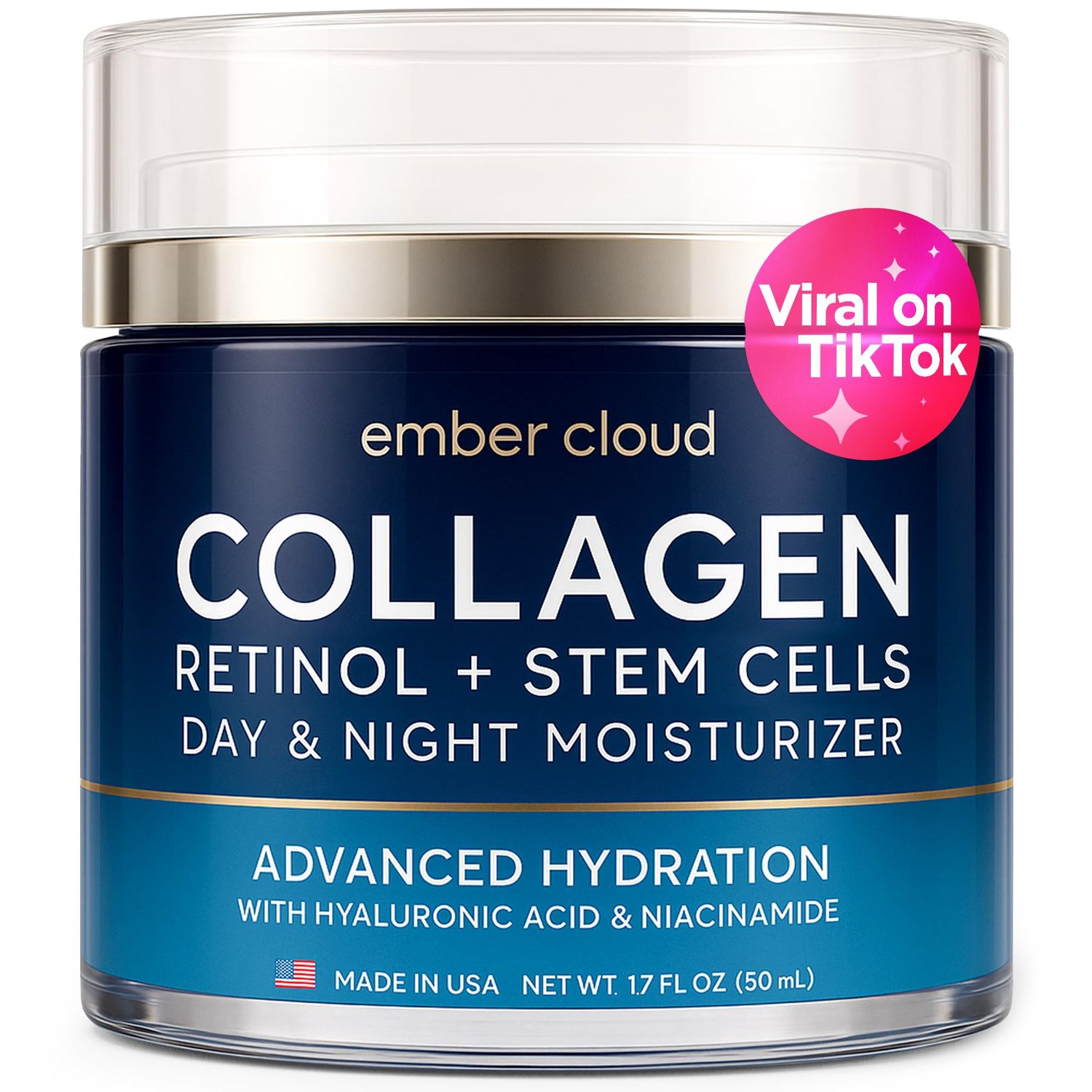 Collagen Face Cream with Stem Cells Retinol Hyaluronic Acid Niacinamide - Collagen Face Moisturizer with Airless Pump - Day Night Moisturizer - Made in USA